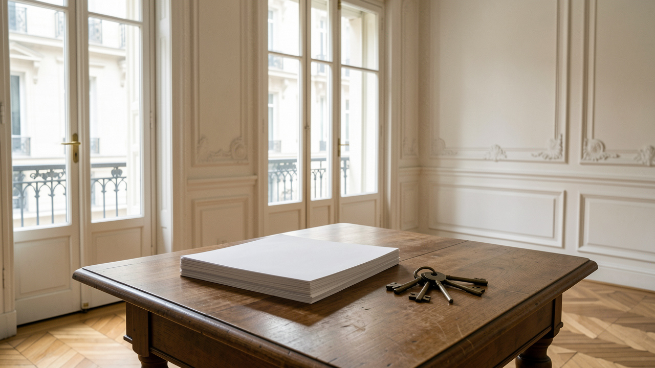 Appartement haussmannien parisien lumineux avec des documents vierges et des clés disposés sur une table en bois.