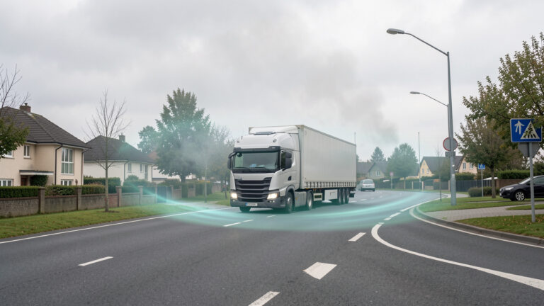 Camions modernes circulant sur une route près d'un quartier résidentiel, avec une visualisation discrète des émissions et de la qualité de l'air.