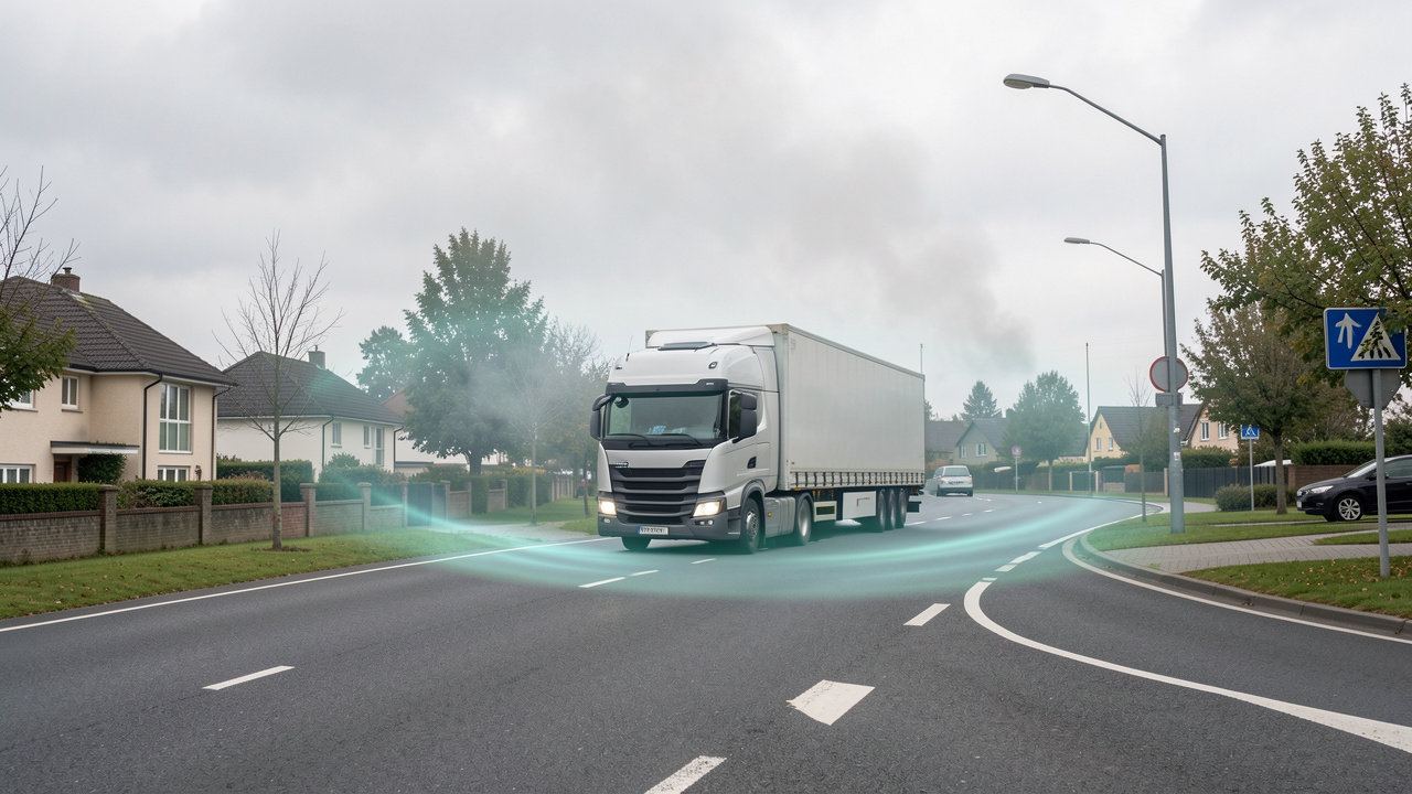 Camions modernes circulant sur une route près d'un quartier résidentiel, avec une visualisation discrète des émissions et de la qualité de l'air.