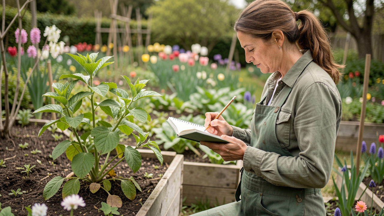 Une jardinière observe attentivement une plante inconnue dans un jardin familial français au printemps, avec un carnet botanique vierge à la main.