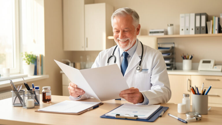 Médecin senior souriant dans un cabinet médical lumineux, consultant un dossier de retraite et un agenda vierge posés sur son bureau.