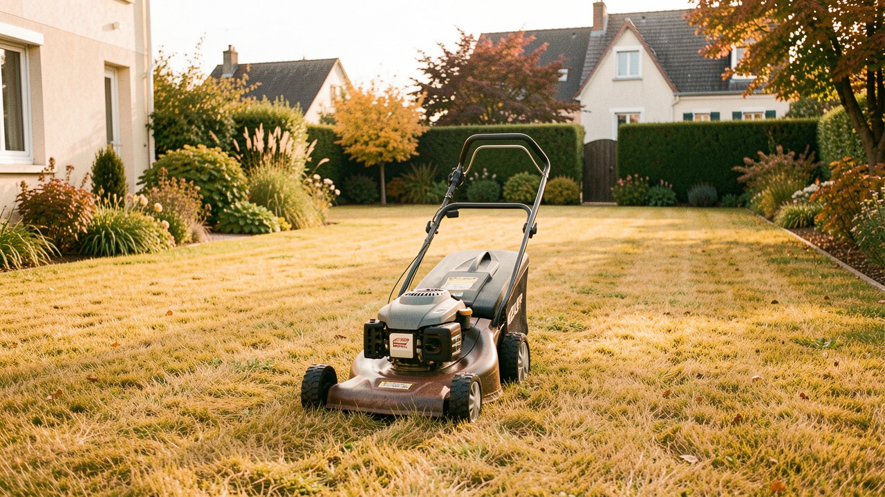 Pelouse jaunie après un été sec dans un jardin résidentiel français, avec une tondeuse réglée en position haute sous une lumière douce de septembre.