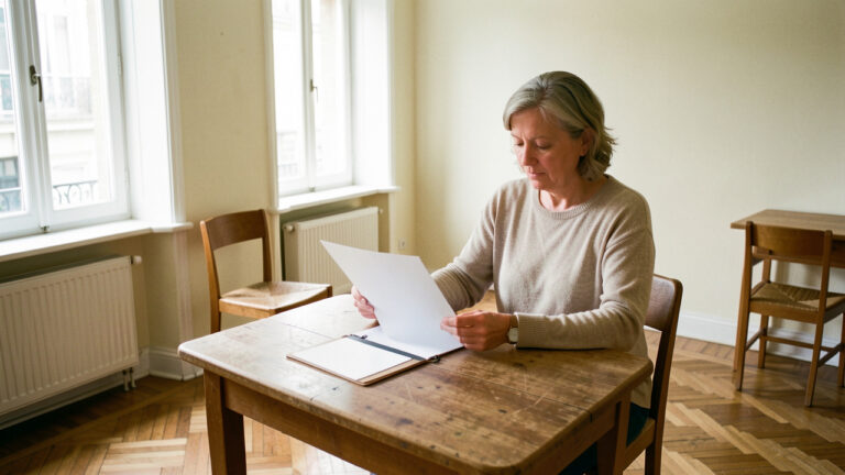 Une propriétaire consulte un dossier de location sur une table dans un petit studio ancien et lumineux du centre-ville de Rennes.