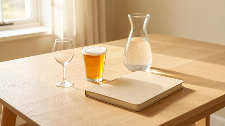 Table de repas lumineuse avec un petit verre de vin, une bière, une carafe d’eau et un carnet fermé de repères de consommation.