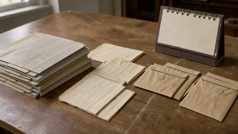 Archives judiciaires anciennes disposées sur une table en bois, avec des dossiers, des enveloppes et un calendrier vintage évoquant les années 1980 dans une ambiance documentaire sobre.