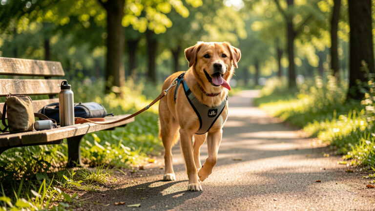 Chien portant un harnais confortable en promenade dans un parc, avec une laisse, une bouteille d’eau et des accessoires posés sur un banc.