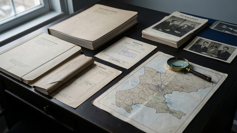 Dossiers administratifs et cartes non légendées de la Géorgie et de l’Ukraine disposés sur un bureau dans une ambiance sobre de journalisme d’investigation.