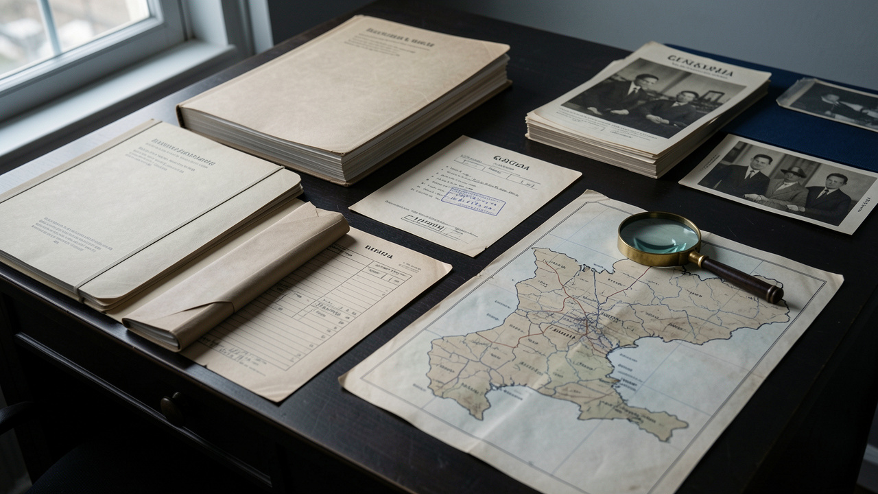 Dossiers administratifs et cartes non légendées de la Géorgie et de l’Ukraine disposés sur un bureau dans une ambiance sobre de journalisme d’investigation.