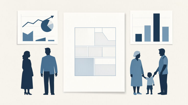 Illustration éditoriale sobre en bleu et blanc montrant des graphiques abstraits, un document de recensement vierge et des silhouettes humaines variées.