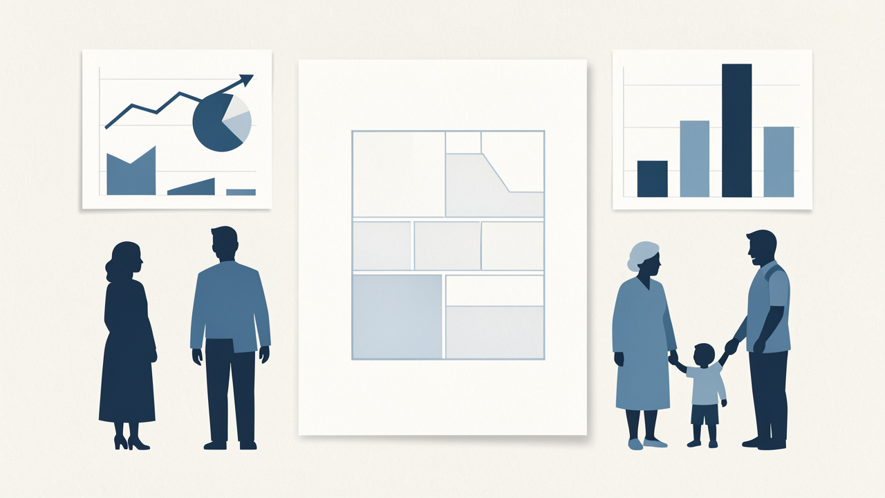 Illustration éditoriale sobre en bleu et blanc montrant des graphiques abstraits, un document de recensement vierge et des silhouettes humaines variées.