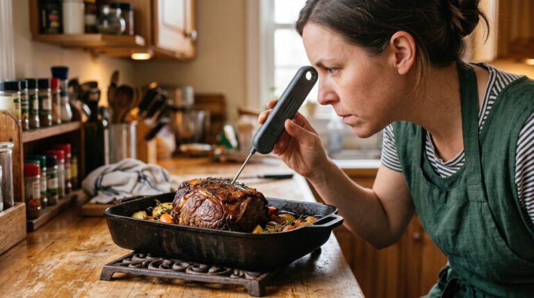Un cuisinier vérifie la température d’un rôti avec un thermomètre de cuisine.