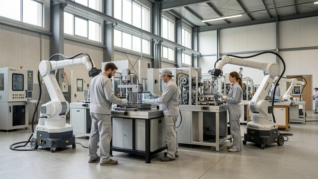 Illustration éditoriale réaliste d’une usine française moderne où deux hommes et une femme en tenue de travail collaborent avec des robots industriels, sous une lumière naturelle et dans un environnement sobre.